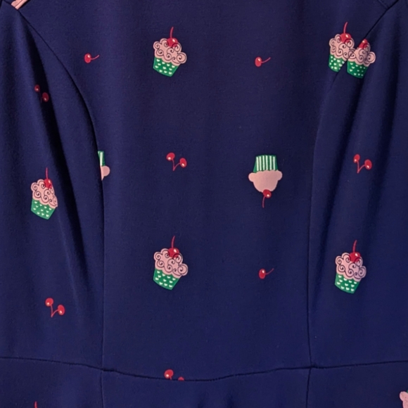 Unique Vintage Cupcake Cherry Short Sleeve Fit And Flare Navy Blue Midi Dress - Picture 6 of 8